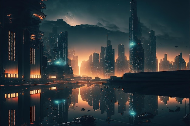 Futuristic cityscape in night time with neon light background