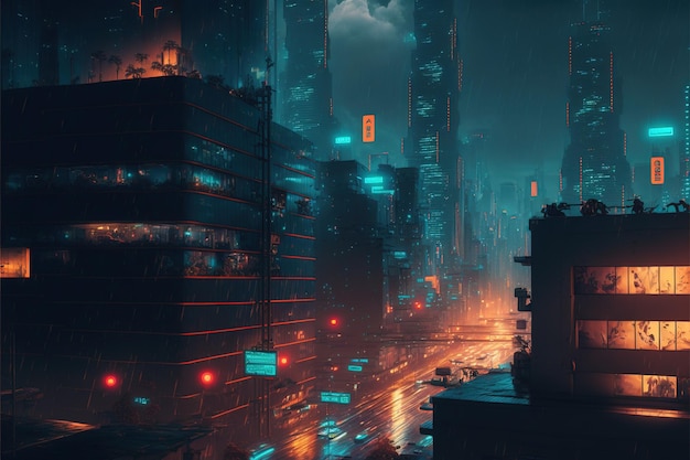 Futuristic cityscape in night time with neon light background