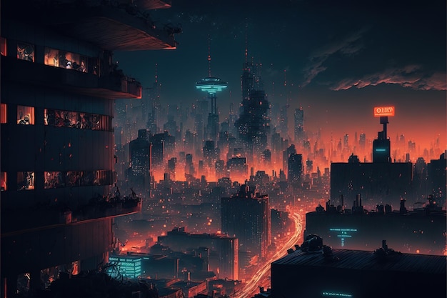 Futuristic cityscape in night time with neon light background