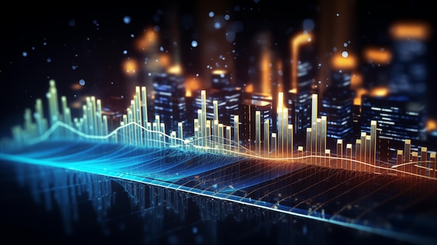 A futuristic cityscape at night with glowing financial graphs and data overlays representing economic growth and technology integration