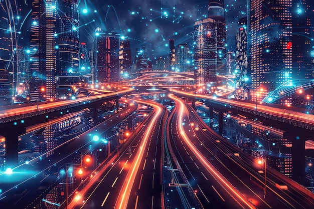 A futuristic cityscape at night with illuminated highways and digital network connections