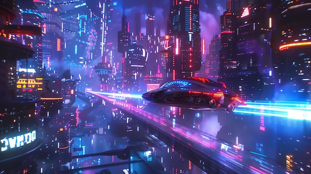 A futuristic cityscape at night with neon lights