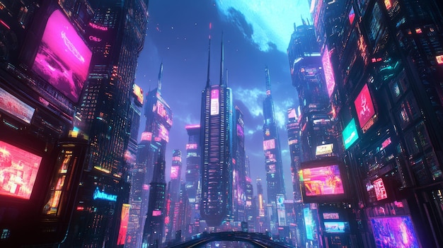 A futuristic cityscape at night with tall buildings and glowing neon signs