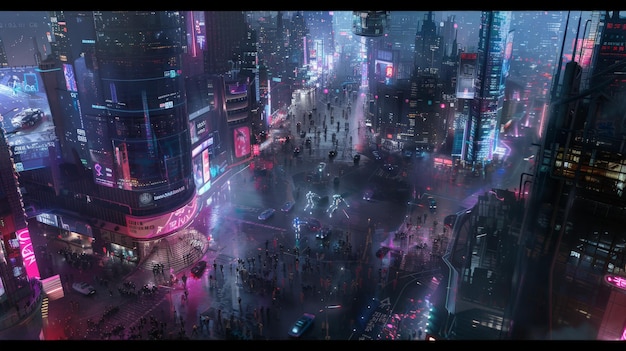 A futuristic cityscape at night with vibrant neon lights showcasing tall buildings bustling streets and a cyberpunk aesthetic