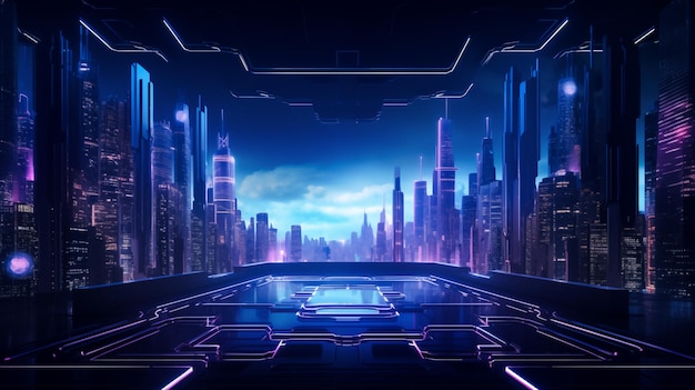 Futuristic cityscape at nighttime with glowing pink and blue neon light