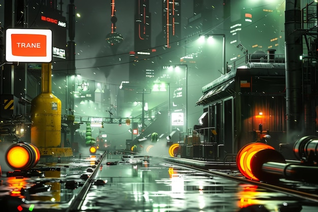 Futuristic Cityscape Under a Rainy Night