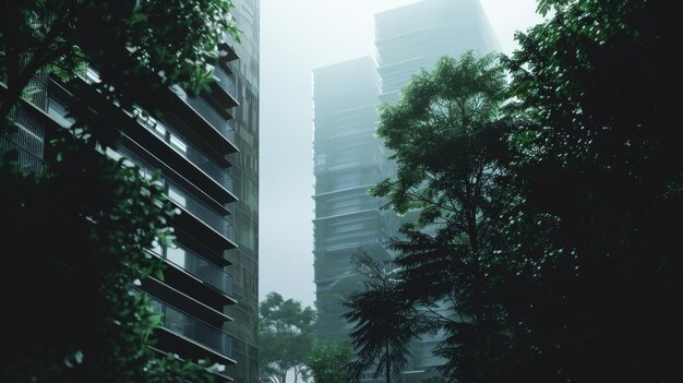 Photo futuristic cityscape shrouded in mist with skyscrapers peeking through dense greenery blending urban and natural elements