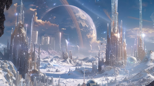 Futuristic Cityscape on a Snowy Planet