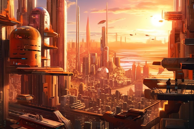 Futuristic cityscape at sunrise with yellow and orange tones