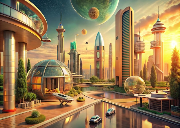 A futuristic cityscape at sunset showcasing advanced architecture with towering skyscrapers domes