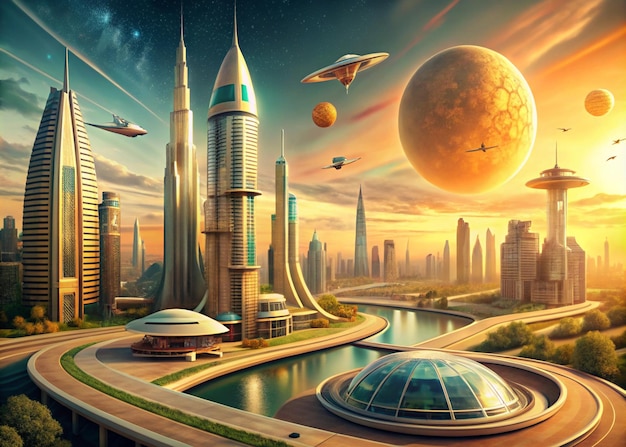 A futuristic cityscape at sunset showcasing advanced architecture with towering skyscrapers domes