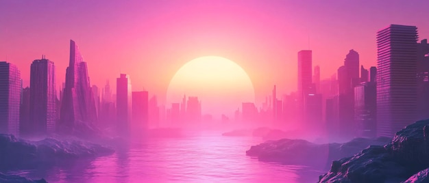 Photo futuristic cityscape at sunset with pink and purple hues