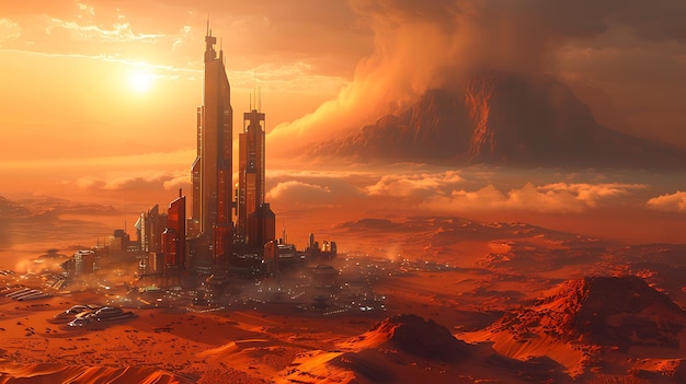 Futuristic cityscape on the surface of Mars with Olympus Mons towering in the distance