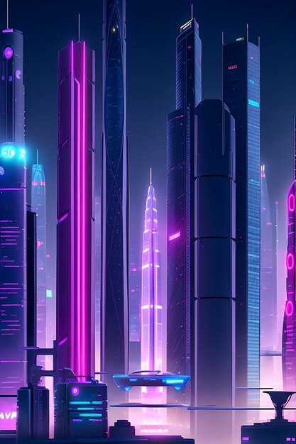 A futuristic cityscape of towering skyscrapers illuminated Aigenerated