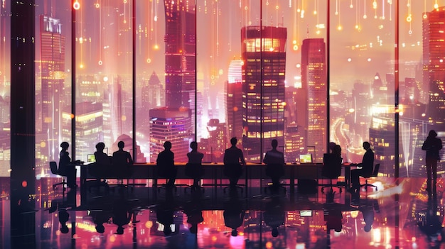 Photo futuristic cityscape view from office with people working late at night