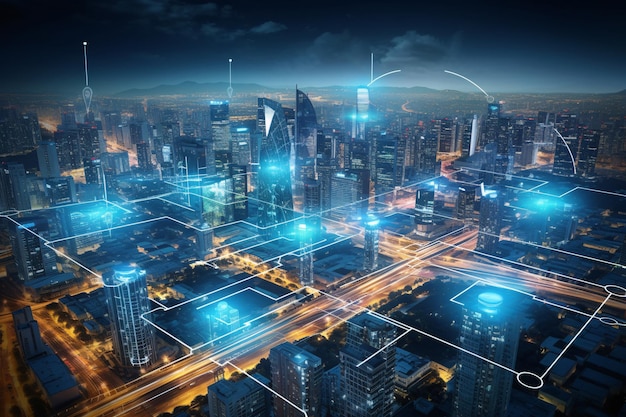 Futuristic Cityscape with 5G Connectivity Highlighting IoT Devices and Holographic Interfaces