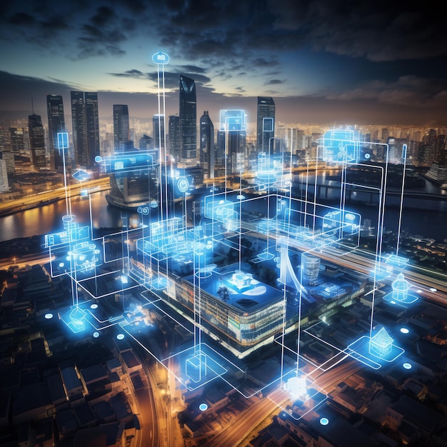 Futuristic Cityscape with 5G Connectivity Highlighting IoT Devices and Holographic Interfaces