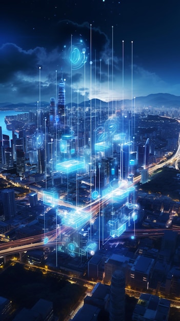 Futuristic Cityscape with 5G Connectivity Highlighting IoT Devices and Holographic Interfaces