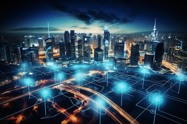 Futuristic Cityscape with 5G Connectivity Highlighting IoT Devices and Holographic Interfaces