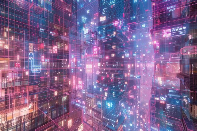 Futuristic cityscape with an abstract background With neon lines connecting the points