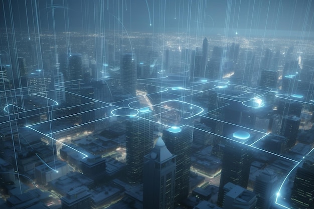 A futuristic cityscape with advanced communication and networking technology