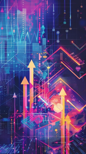 Futuristic cityscape with arrows and data charts indicating financial growth and market trends ideal