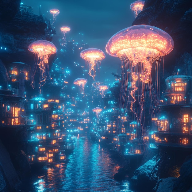 Photo futuristic cityscape with bioluminescent jellyfish