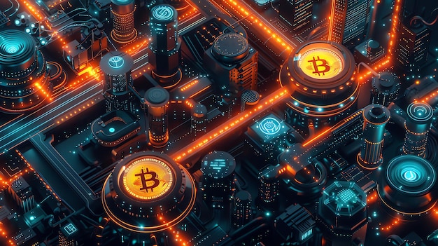 Futuristic Cityscape with Bitcoin Cryptocurrency