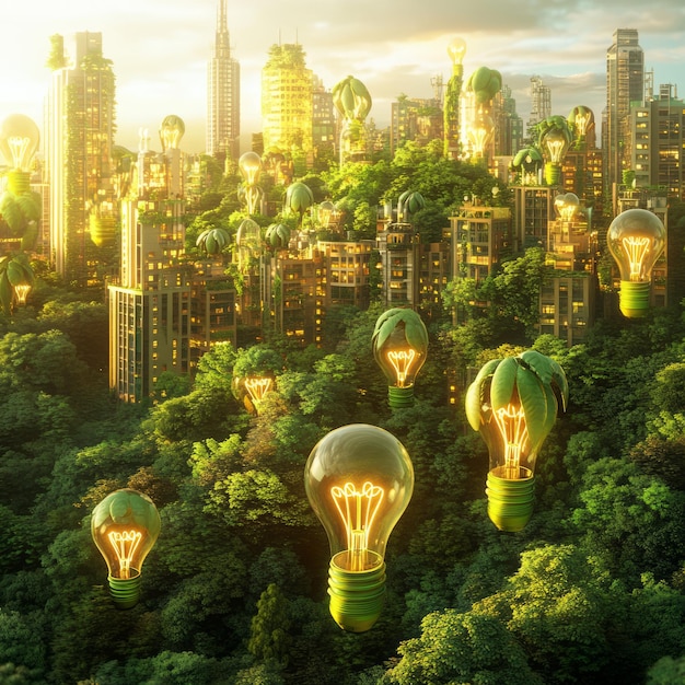 A futuristic cityscape with buildings covered in greenery and light bulbs floating in the air