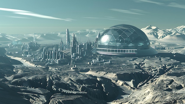 Photo futuristic cityscape with dome structure on a desolate planet