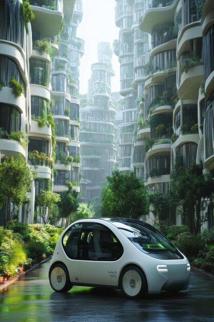 Photo futuristic cityscape with electric car