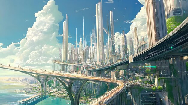 Photo futuristic cityscape with elevated highway and ocean view