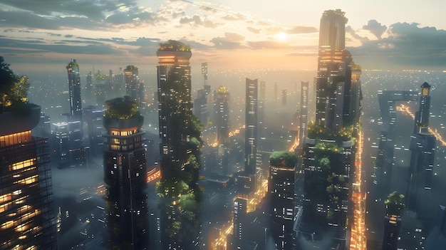 Photo futuristic cityscape with floating gardens and transparent skyscrapers