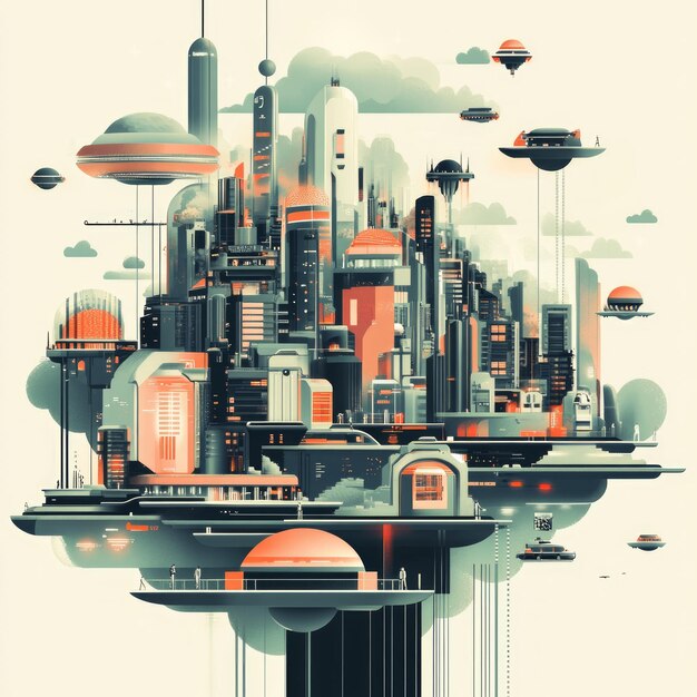 Photo futuristic cityscape with floating structures and vehicles