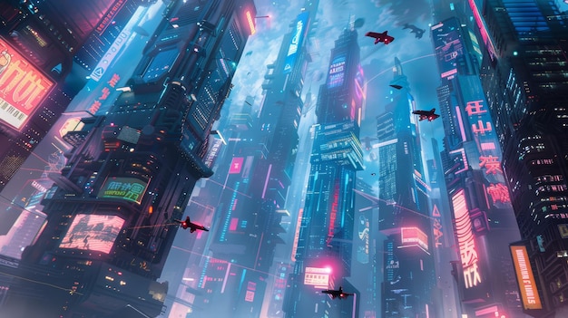 Futuristic cityscape with flying cars and neon lights