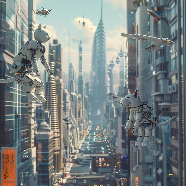 futuristic cityscape with flying cars and robotic pets