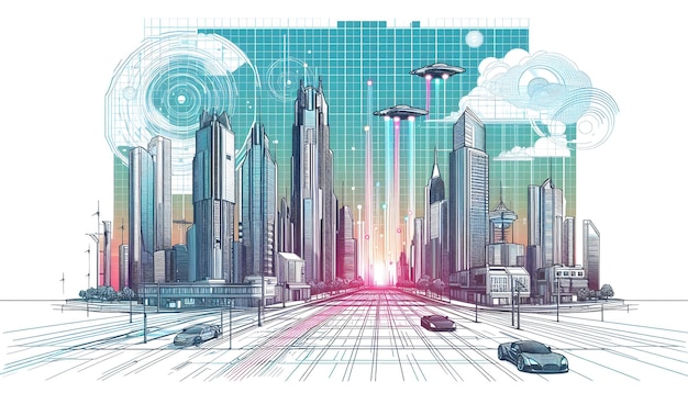 Photo futuristic cityscape with flying cars scifi vector art