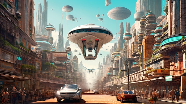 A futuristic cityscape with flying cars