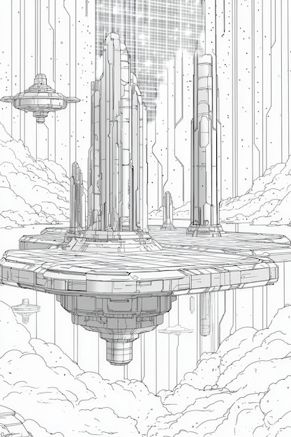 Futuristic Cityscape with Flying Saucers and Cloud Platforms