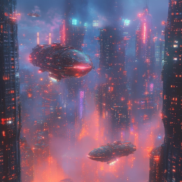 Photo futuristic cityscape with flying ships and red lights