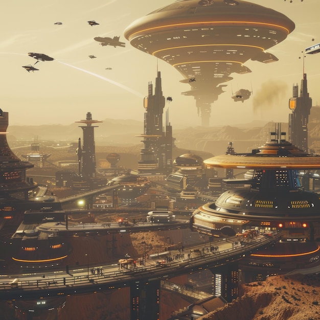 Futuristic cityscape with flying vehicles and a large spaceship landing