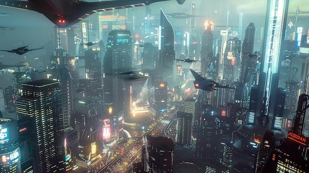 Futuristic Cityscape with Flying Vehicles