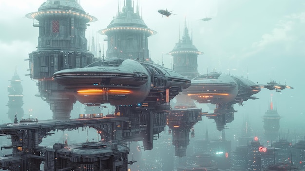 Futuristic Cityscape with Flying Vehicles