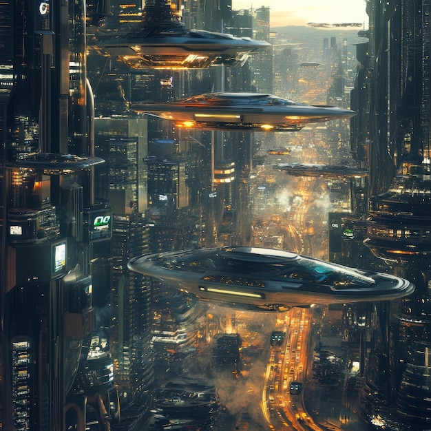 Photo futuristic cityscape with flying vehicles