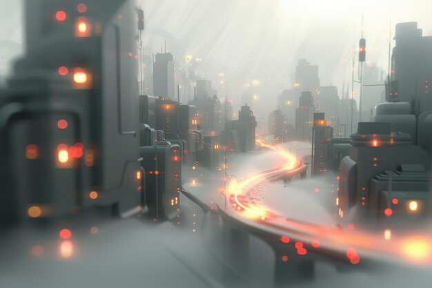 Futuristic Cityscape with Fog and Glowing Road