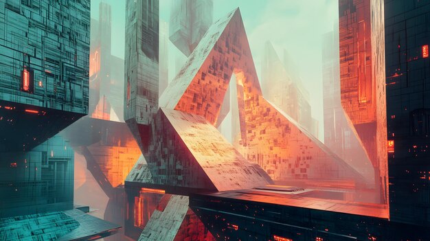 Photo futuristic cityscape with geometric buildings and fog