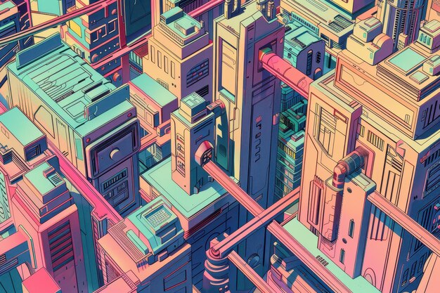 Futuristic Cityscape with Geometric Buildings and Interconnected Structures