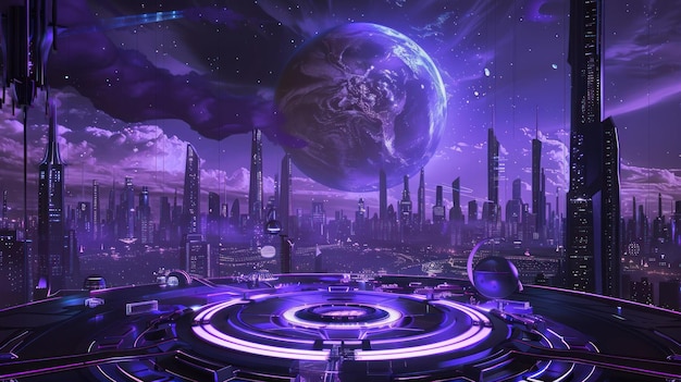 Futuristic Cityscape with Giant Earth