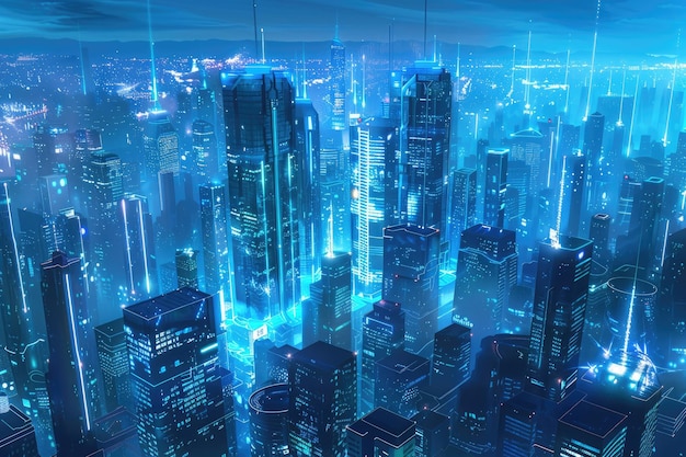 Futuristic cityscape with glowing blue neon lights