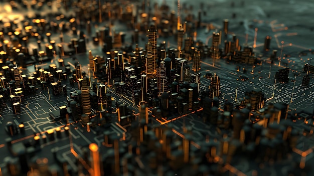 Futuristic Cityscape with Glowing Circuitry